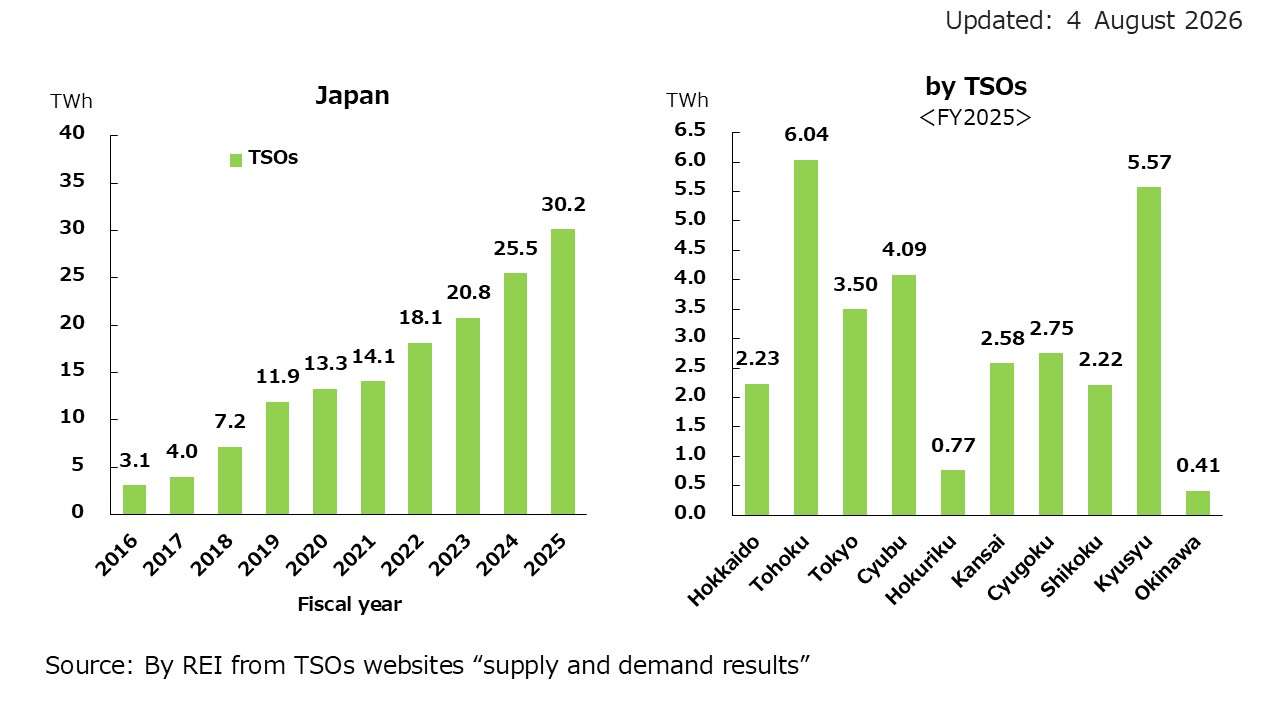 3. Bioenergy Electricity Generation in Japan and by Distribution Area (TWh)